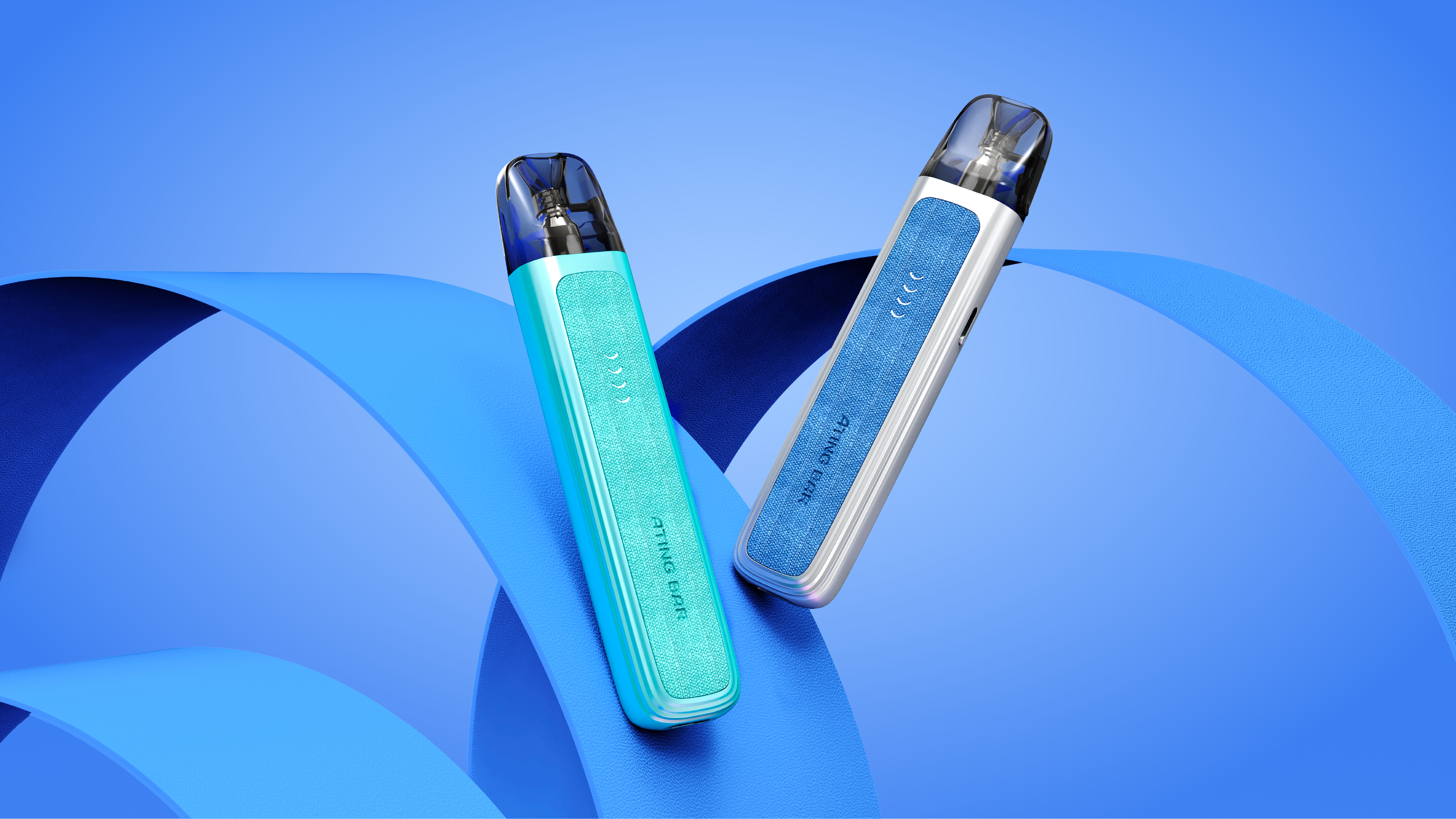 A-graphic-showing-a-blue-and-silver-Explorer-G1-Refillable-Pod-Kit-against-a-black-background-with-a-blue-pearl-and-rounded-bands